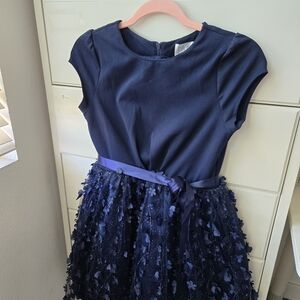 Us Angels Navy Floral Tulle Dress with Satin Waist Ribbon